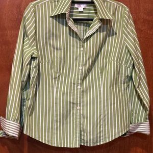 LOFT  Womens Green and White Striped Button Down Shirt